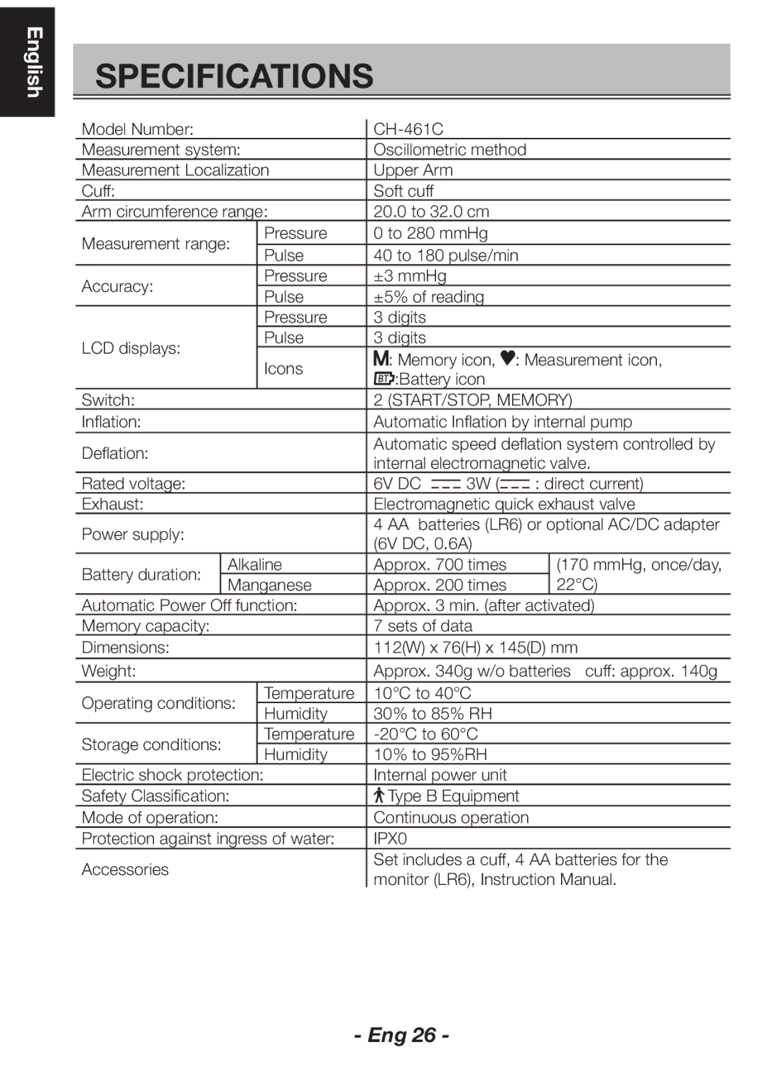 Citizen CH-461C instruction manual Specifications, START/STOP, Memory 