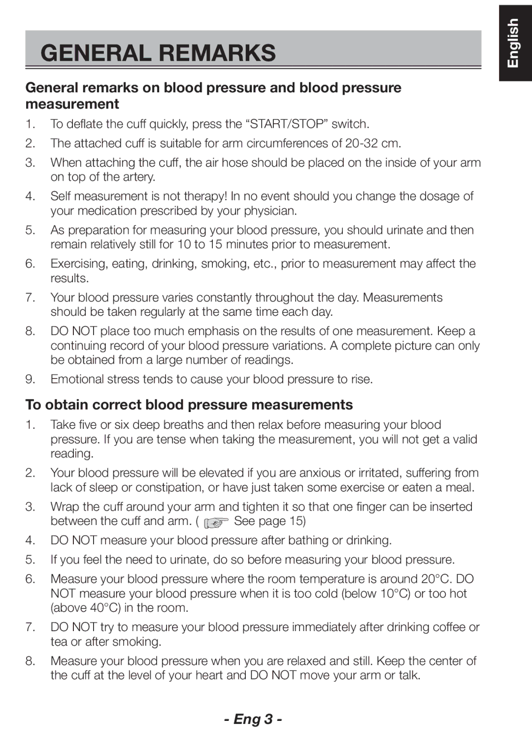 Citizen CH-461C instruction manual General Remarks, To obtain correct blood pressure measurements 