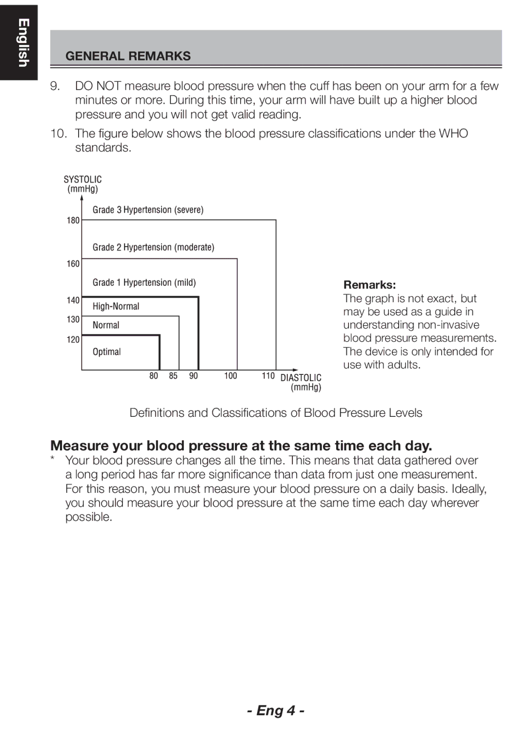 Citizen CH-461C instruction manual Measure your blood pressure at the same time each day, Remarks 