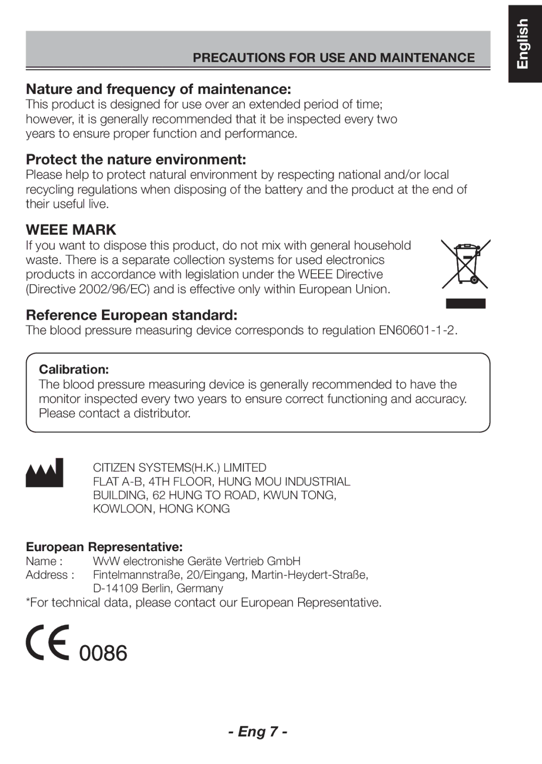 Citizen CH-461C Nature and frequency of maintenance, Protect the nature environment, Reference European standard 