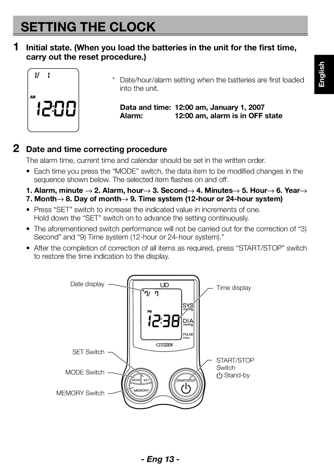 Citizen CH-462E instruction manual Setting the Clock, Date and time correcting procedure 