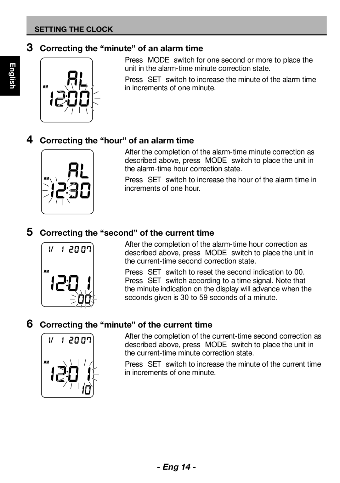 Citizen CH-462E instruction manual Correcting the minute of an alarm time, Correcting the hour of an alarm time 