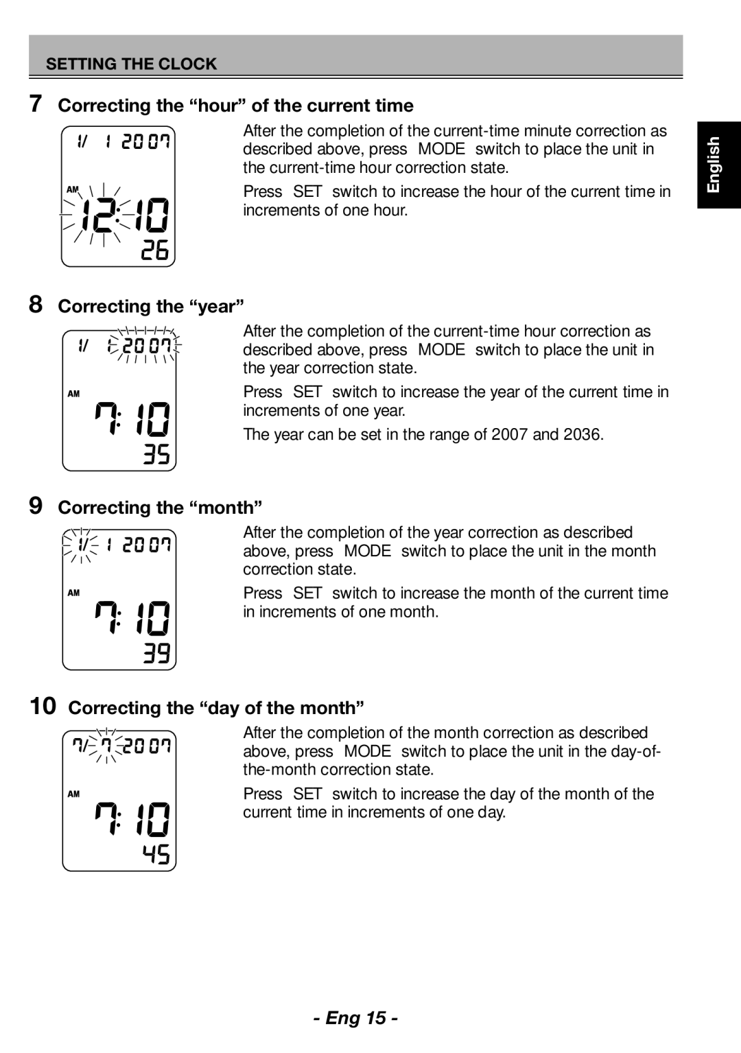 Citizen CH-462E instruction manual Correcting the hour of the current time, Correcting the year, Correcting the month 