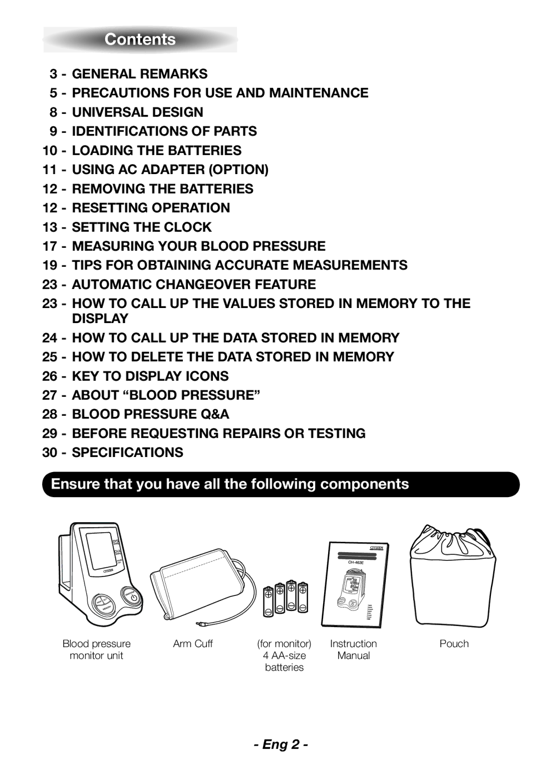 Citizen CH-462E instruction manual Contents 