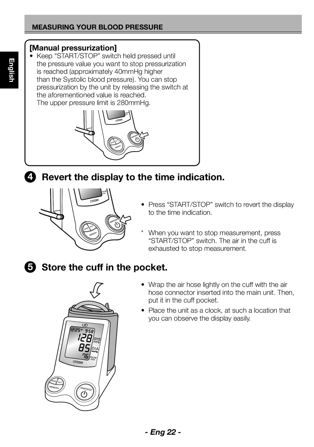 Citizen CH-462E instruction manual Revert the display to the time indication, Manual pressurization 