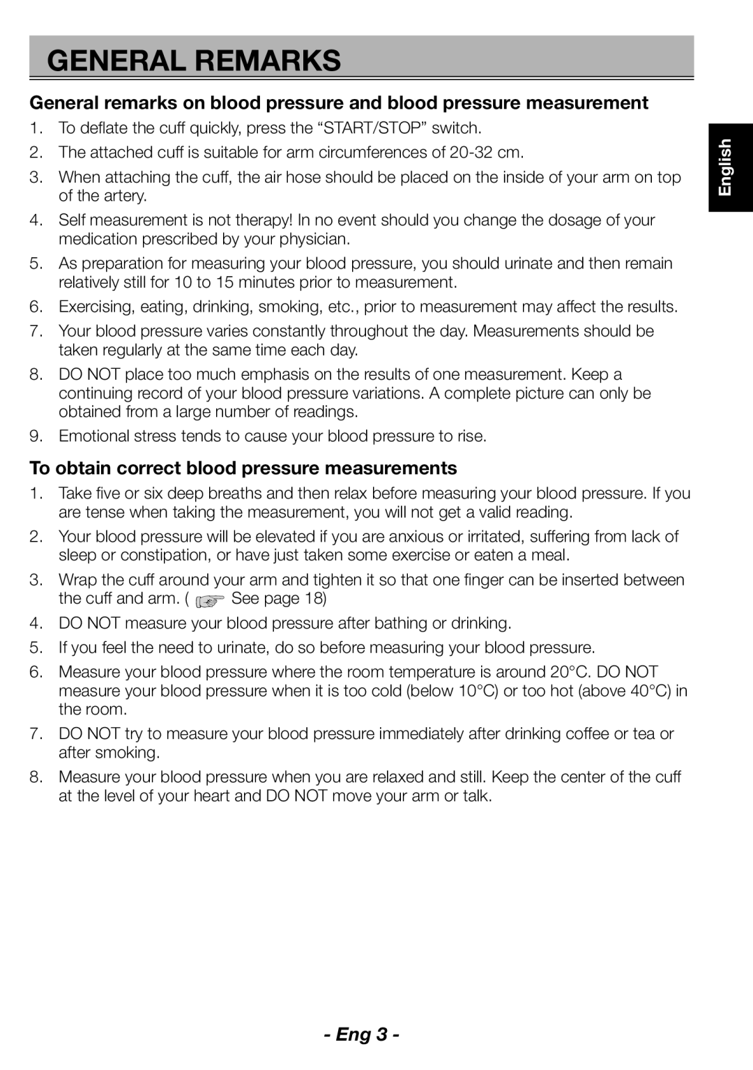 Citizen CH-462E instruction manual General Remarks, To obtain correct blood pressure measurements 