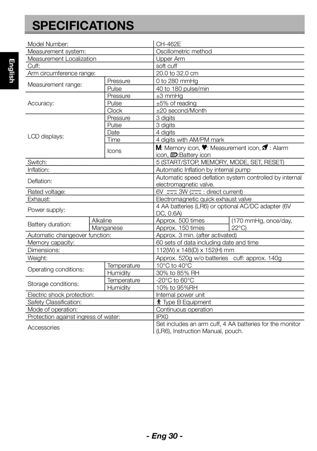 Citizen CH-462E instruction manual Specifications, START/STOP, MEMORY, MODE, SET, Reset 