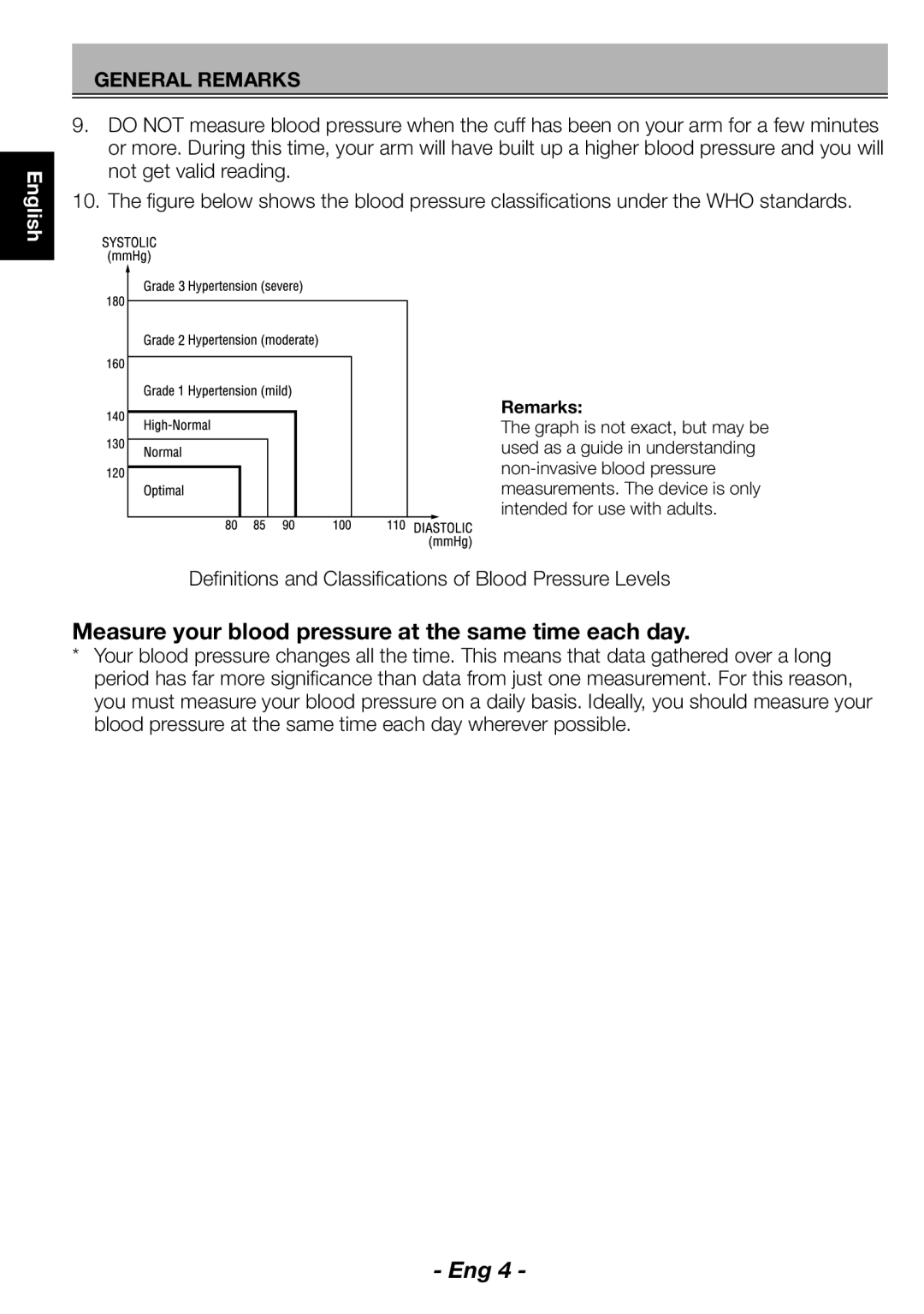 Citizen CH-462E instruction manual Measure your blood pressure at the same time each day, General Remarks 