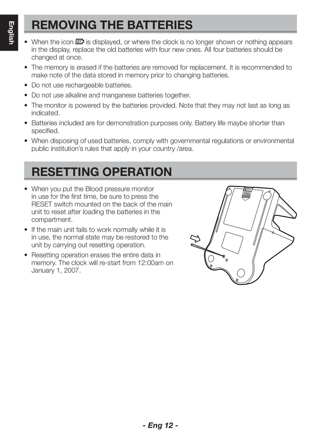 Citizen CH-463E instruction manual Removing the Batteries, Resetting Operation 