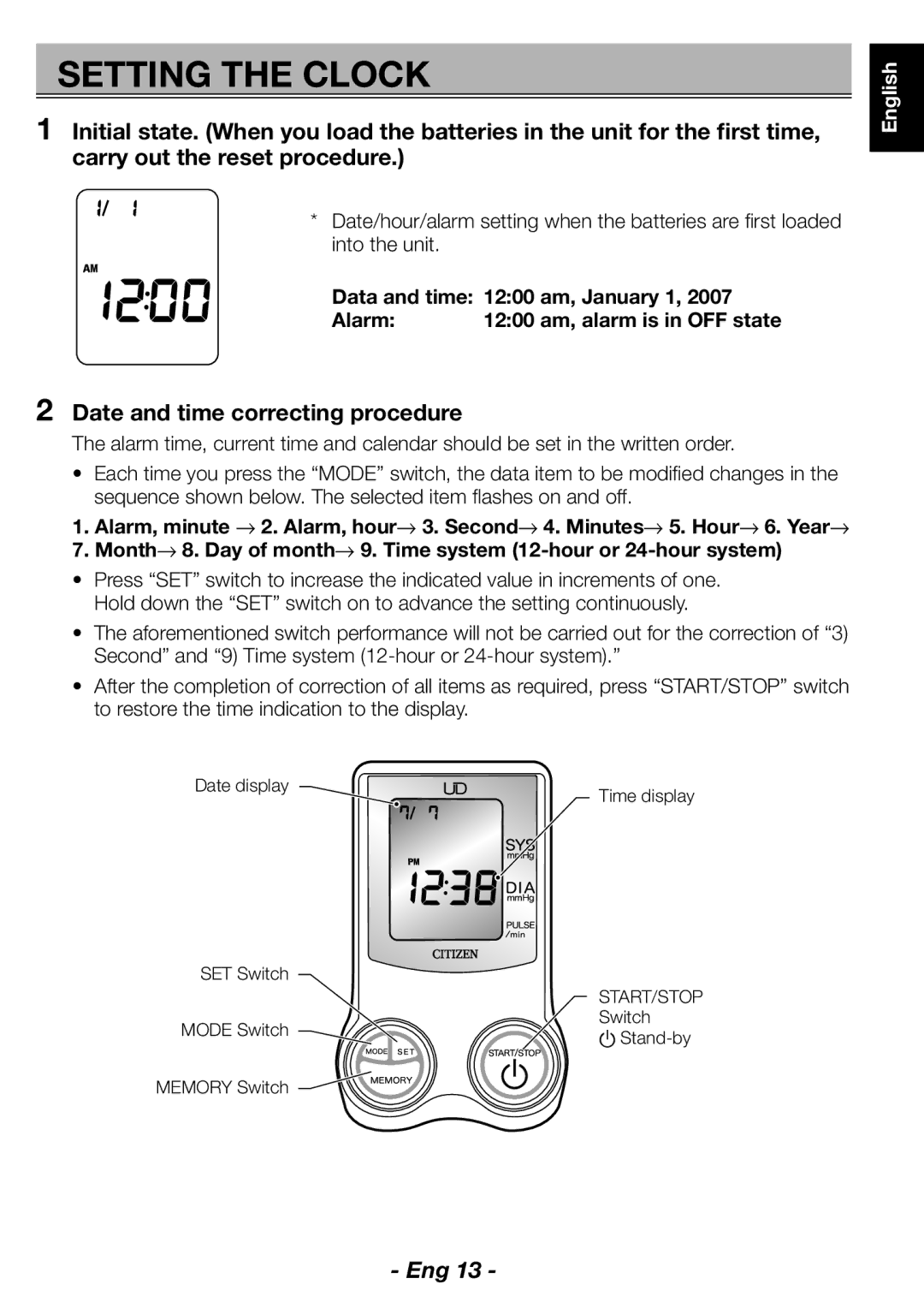 Citizen CH-463E instruction manual Setting the Clock, Date and time correcting procedure 