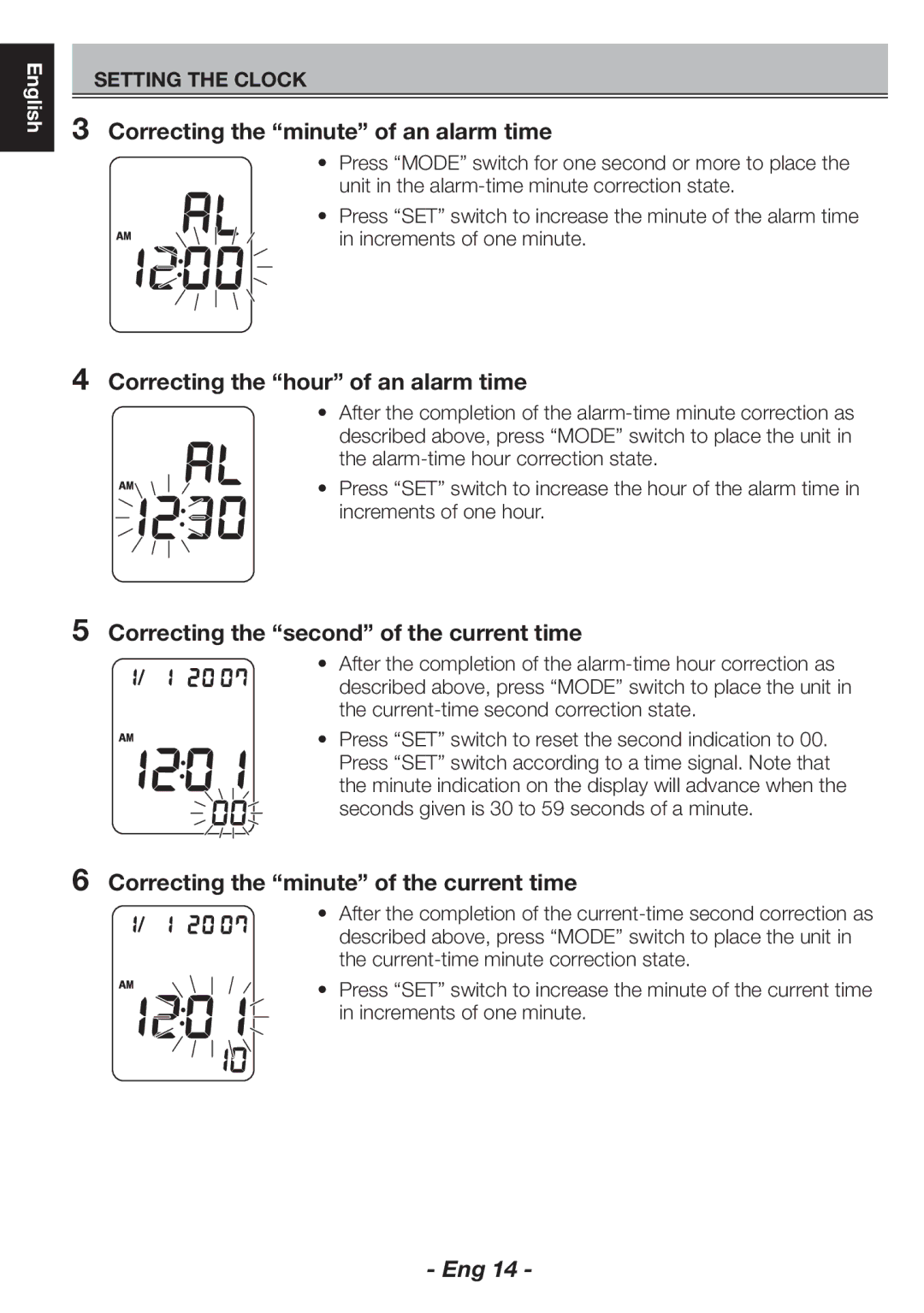 Citizen CH-463E instruction manual Correcting the minute of an alarm time, Correcting the hour of an alarm time 