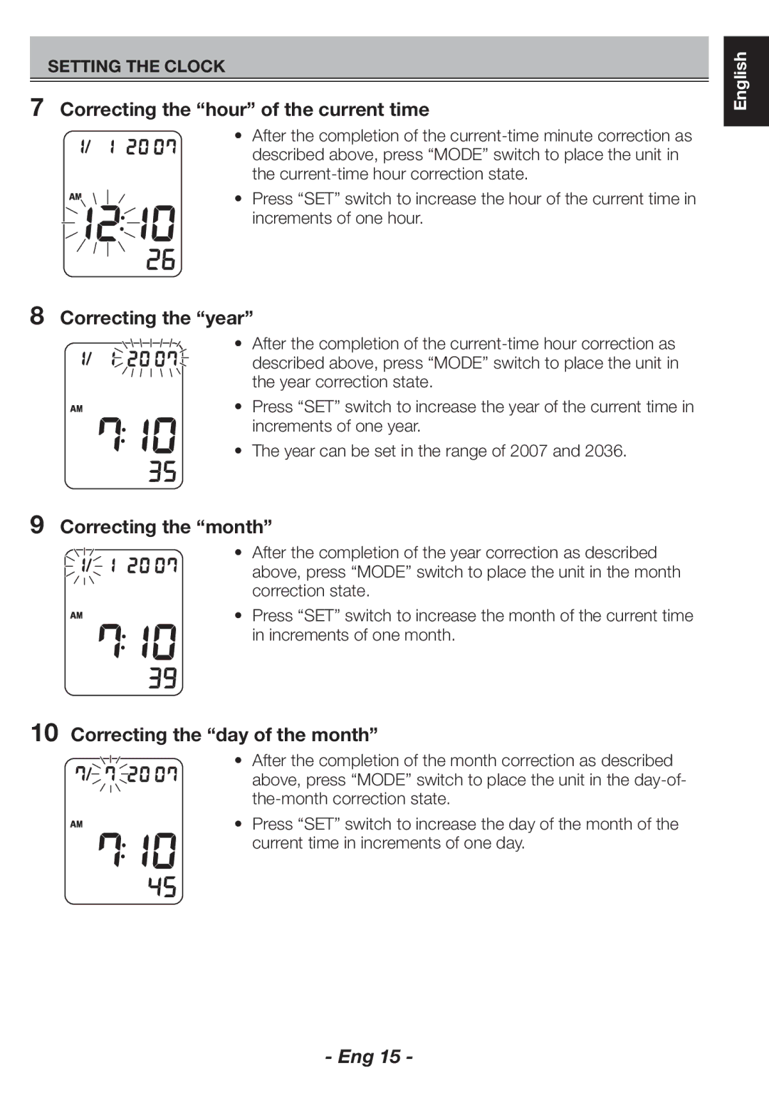 Citizen CH-463E instruction manual Correcting the hour of the current time, Correcting the year, Correcting the month 