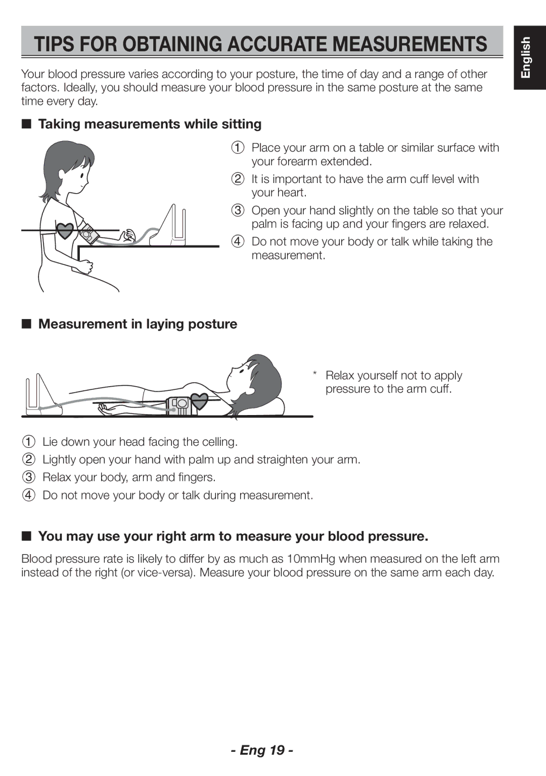 Citizen CH-463E instruction manual Taking measurements while sitting, Measurement in laying posture 