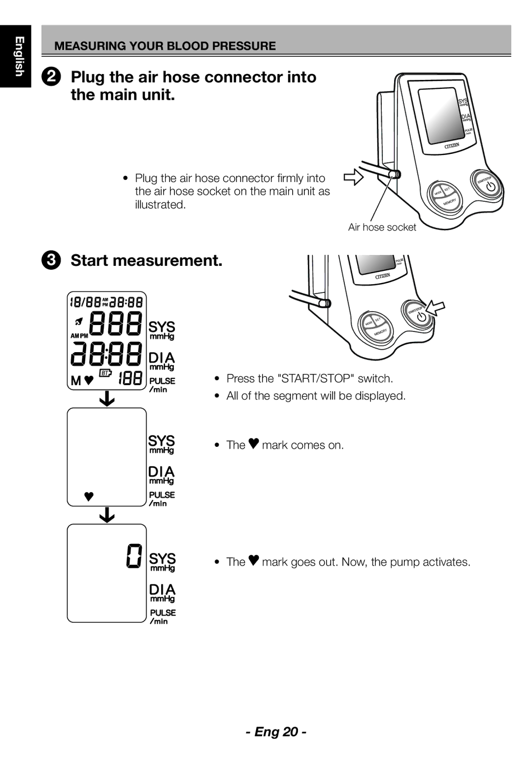 Citizen CH-463E instruction manual Plug the air hose connector into the main unit 