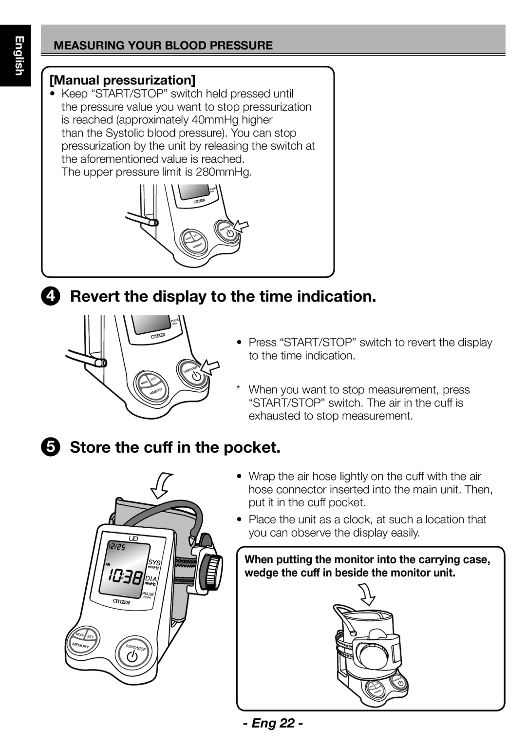 Citizen CH-463E instruction manual Revert the display to the time indication, Manual pressurization 