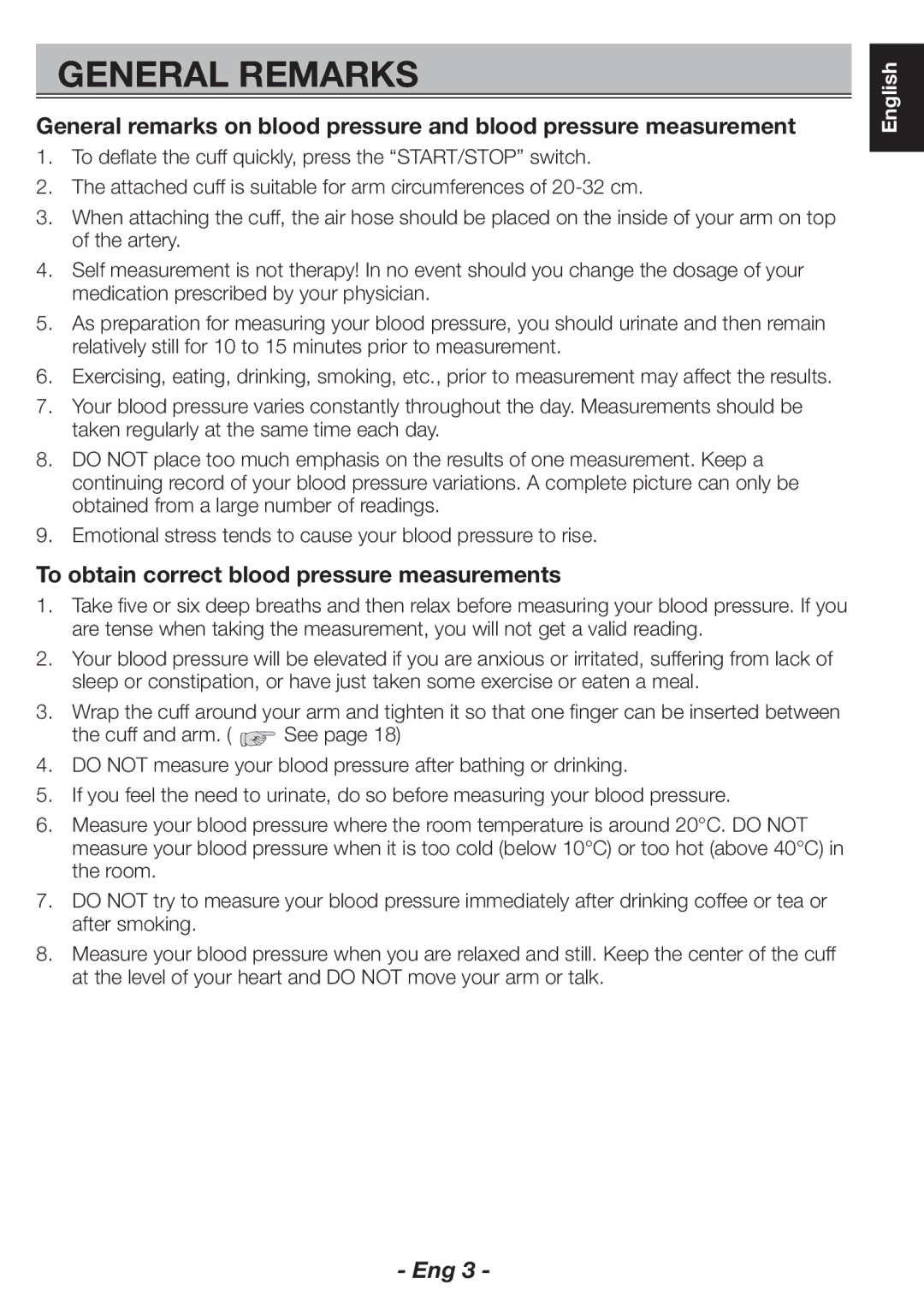 Citizen CH-463E instruction manual General Remarks, To obtain correct blood pressure measurements 