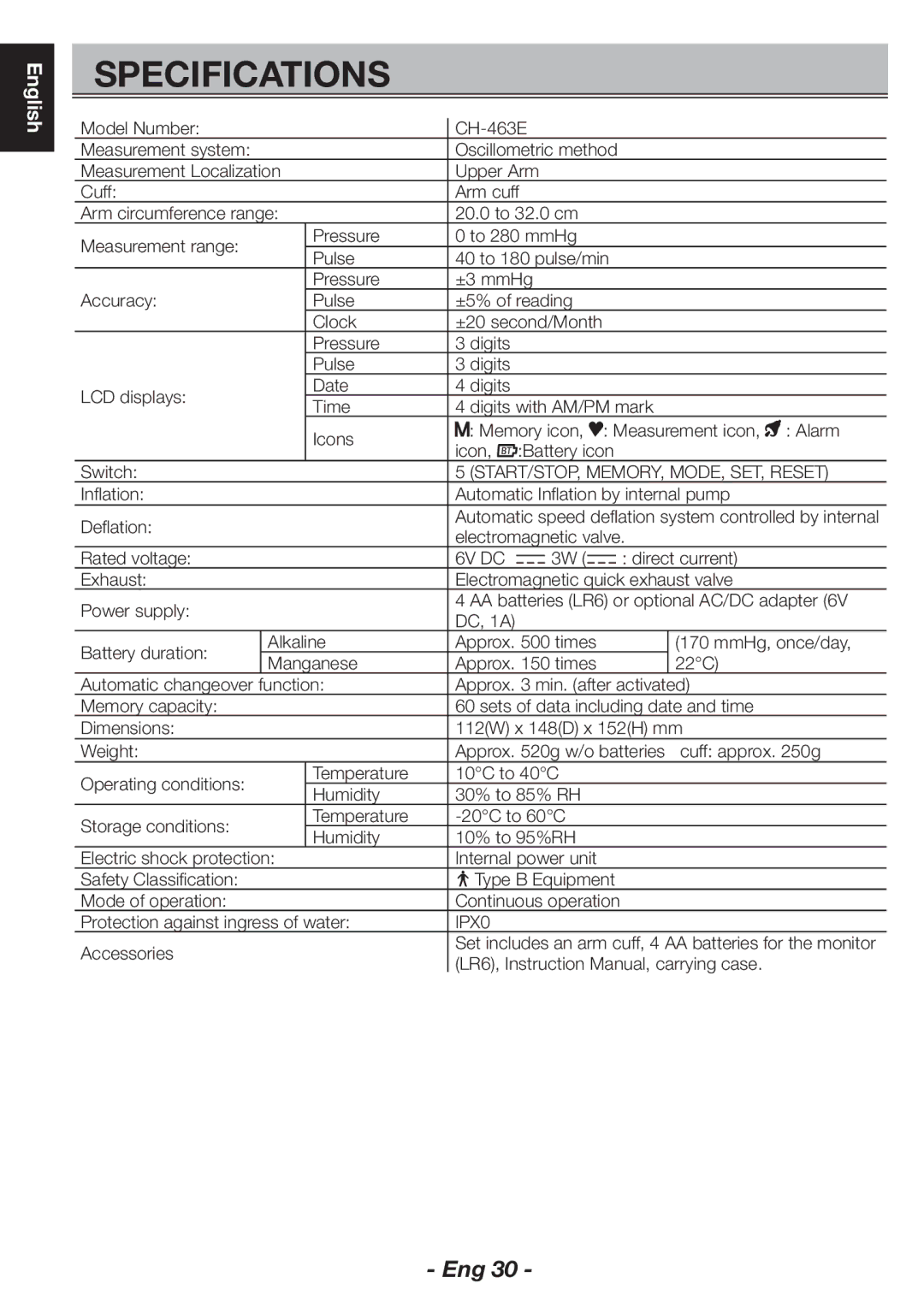 Citizen CH-463E instruction manual Specifications, START/STOP, MEMORY, MODE, SET, Reset 