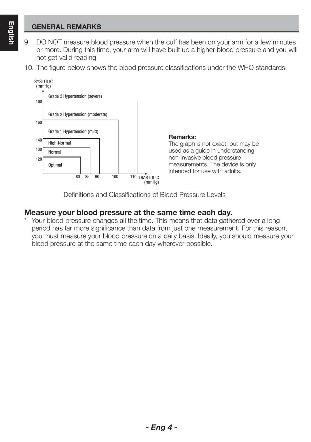 Citizen CH-463E instruction manual Measure your blood pressure at the same time each day, General Remarks 