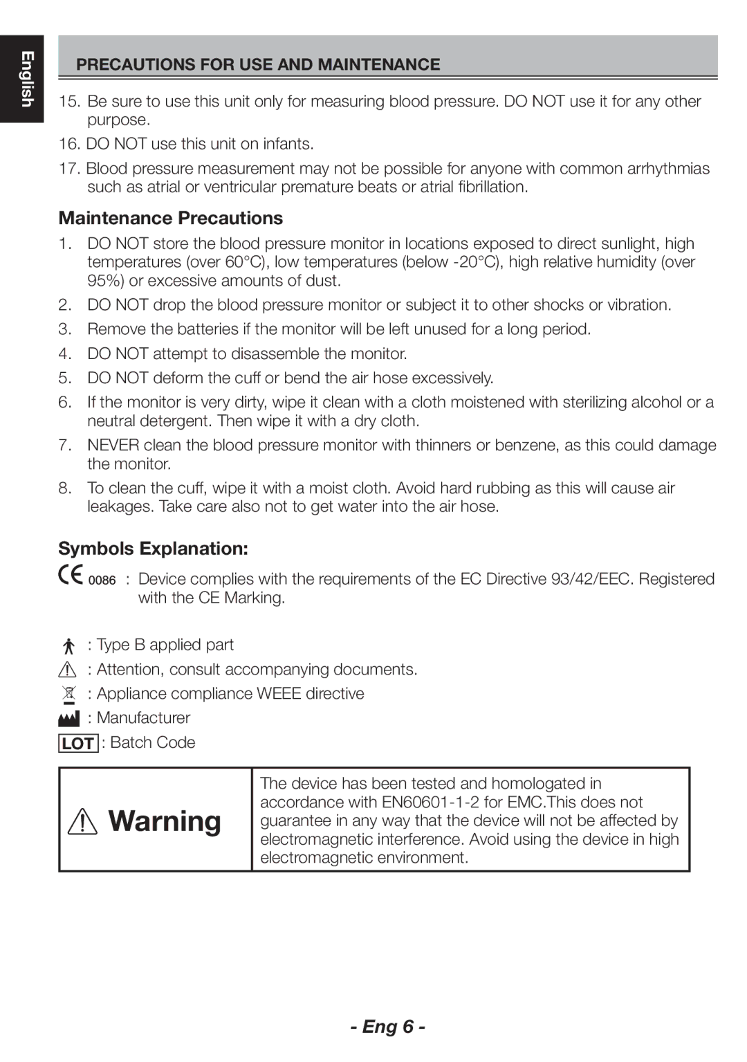 Citizen CH-463E instruction manual Maintenance Precautions, Symbols Explanation 