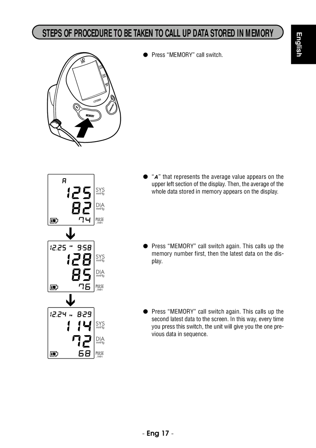 Citizen CH-485E instruction manual Press Memory call switch 