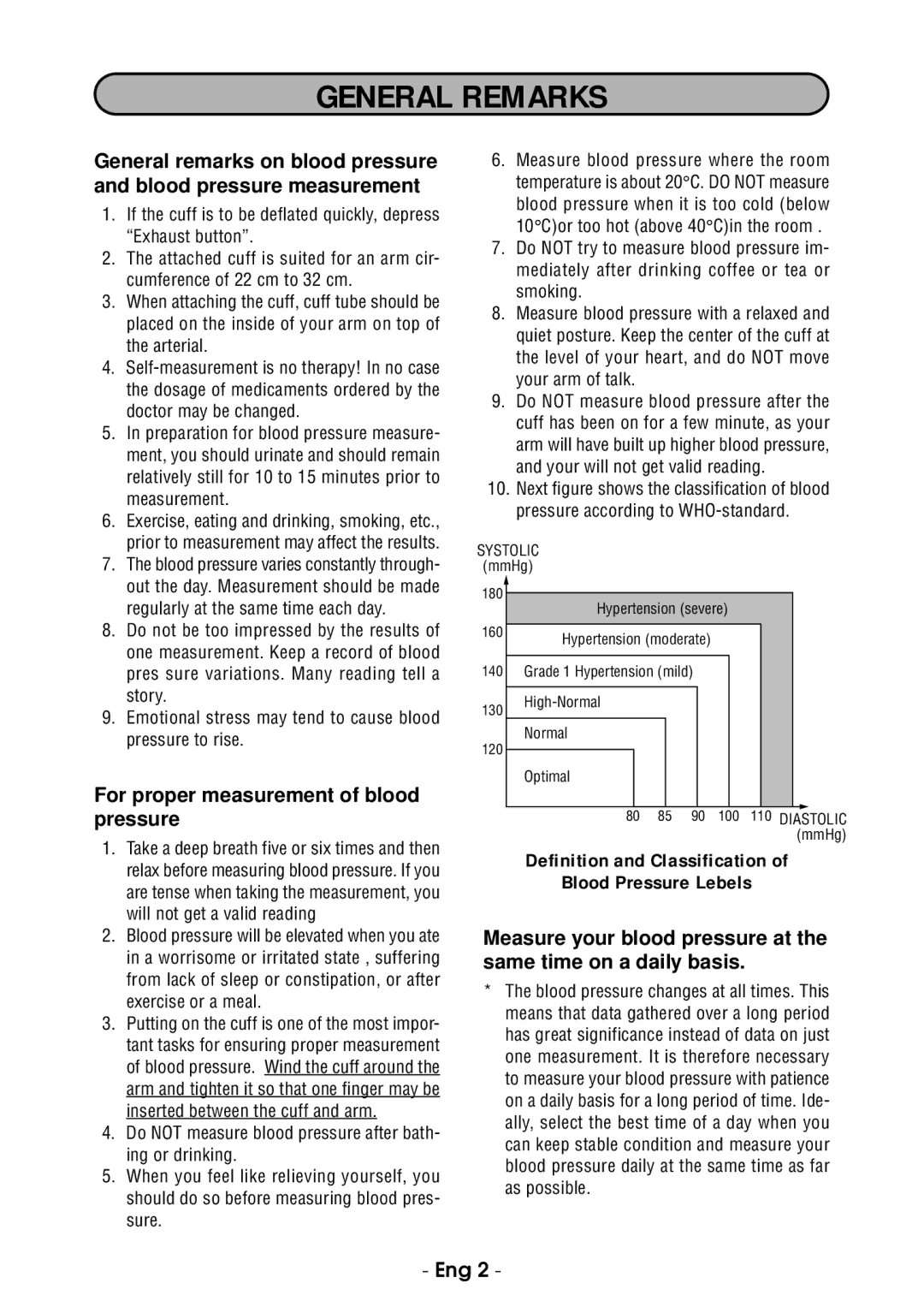 Citizen CH-485E instruction manual General Remarks, For proper measurement of blood pressure 