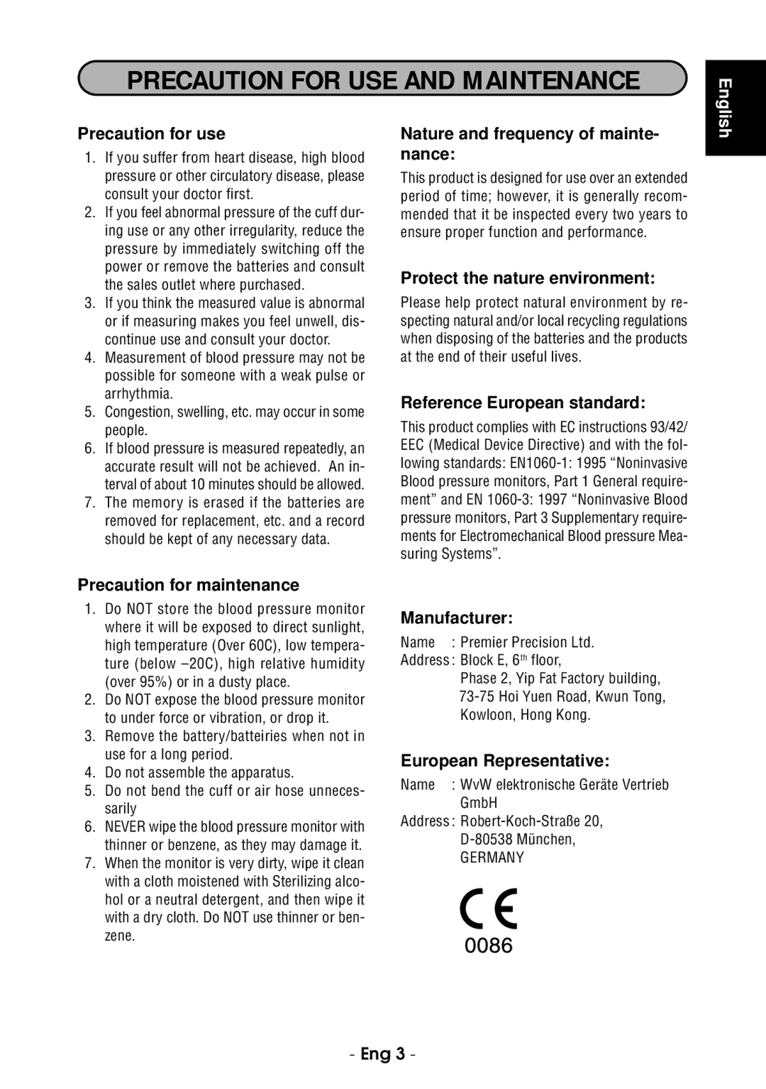 Citizen CH-485E instruction manual Precaution for USE and Maintenance 