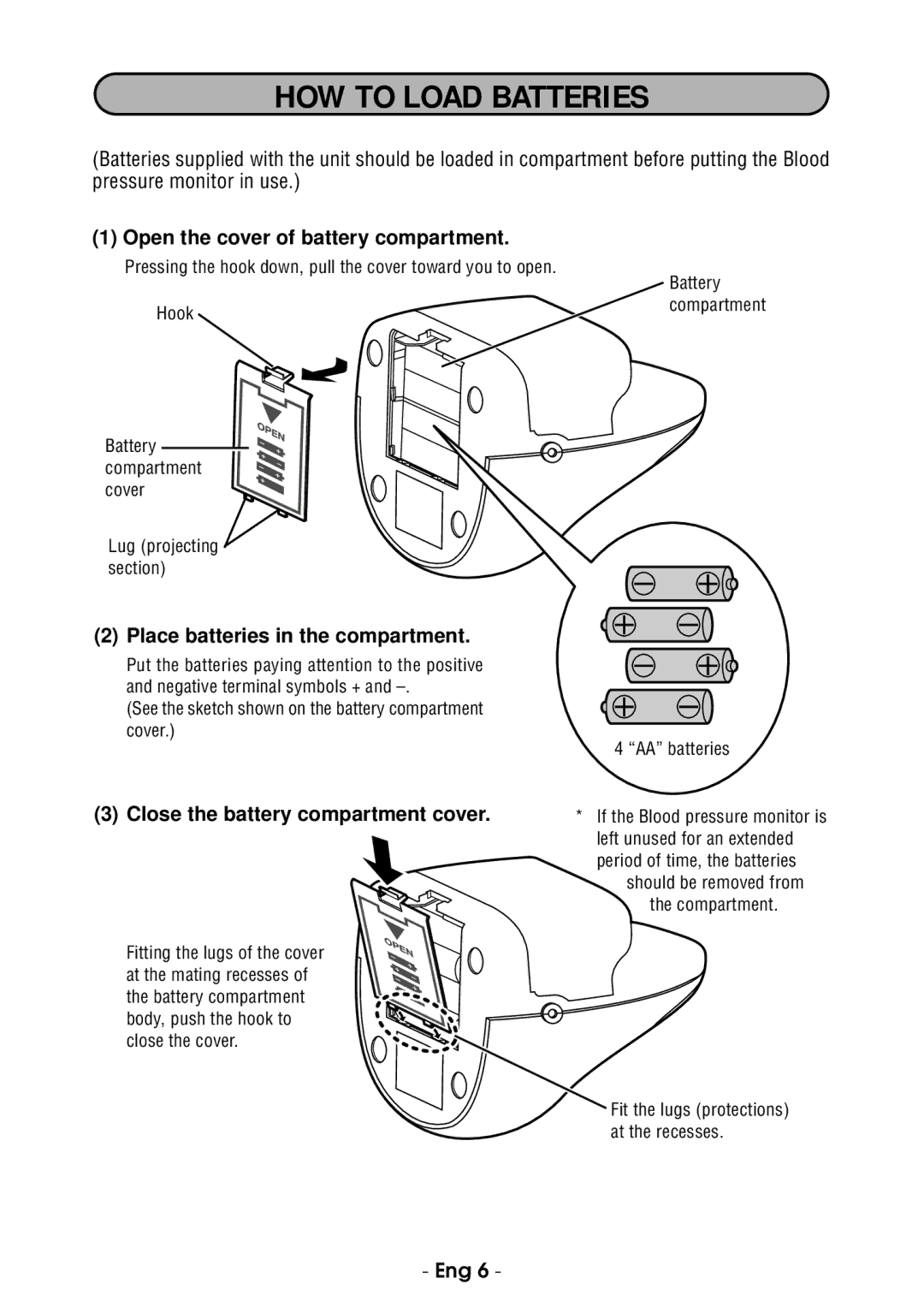 Citizen CH-485E HOW to Load Batteries, Open the cover of battery compartment, Place batteries in the compartment 