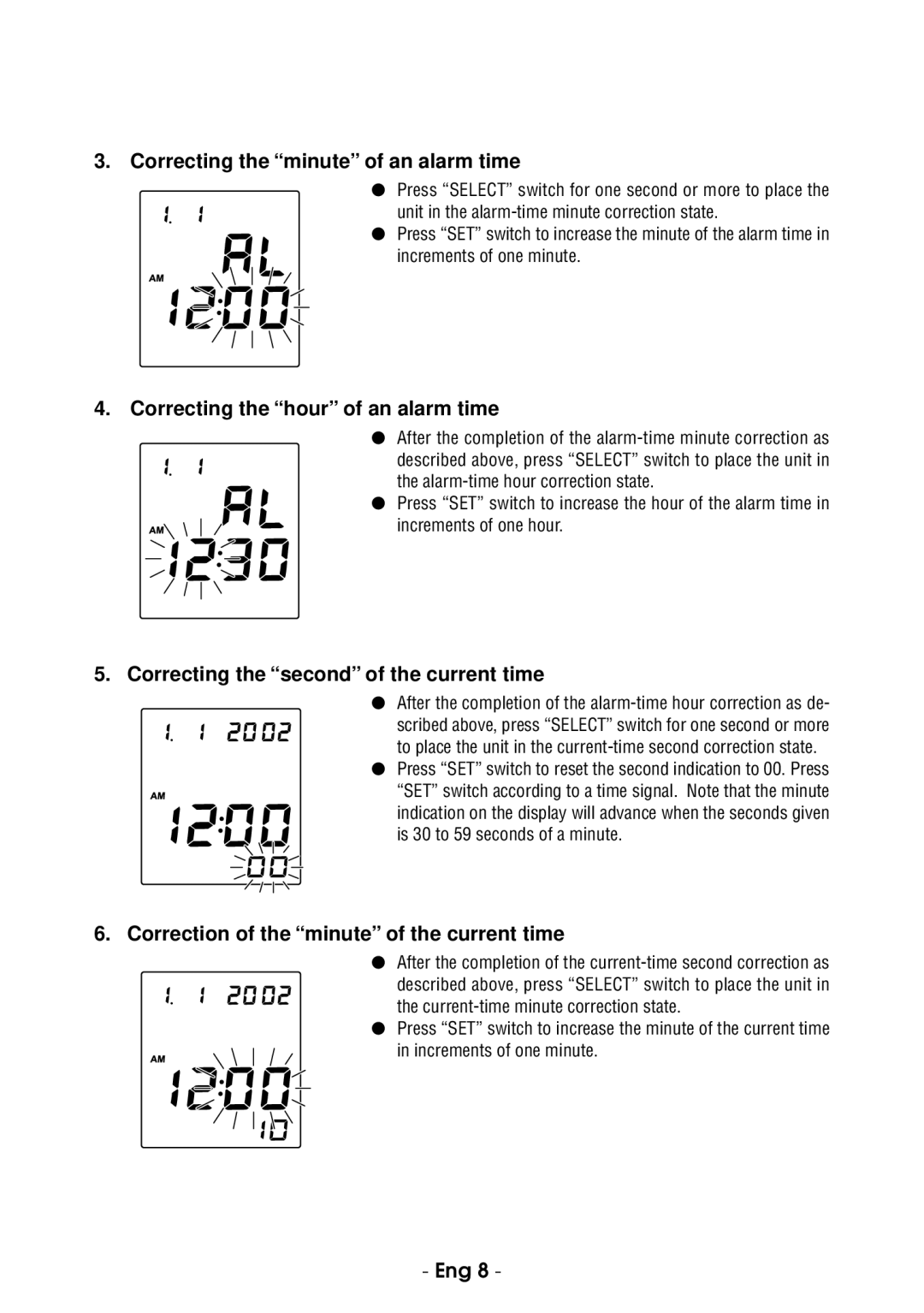 Citizen CH-485E instruction manual Correcting the minute of an alarm time, Correcting the hour of an alarm time 