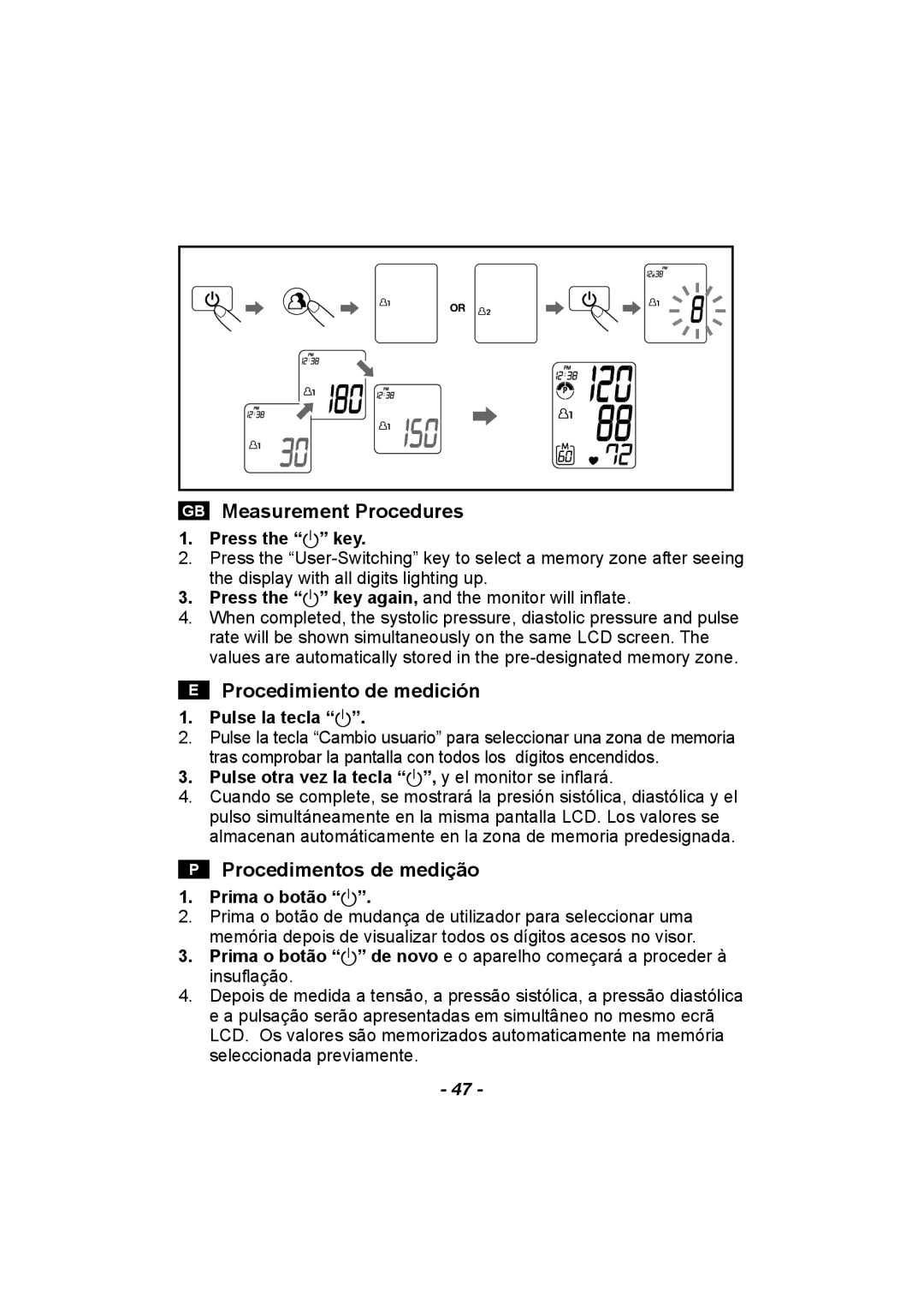 Citizen CH-608 instruction manual Procedimiento de medición, Procedimentos de medição 