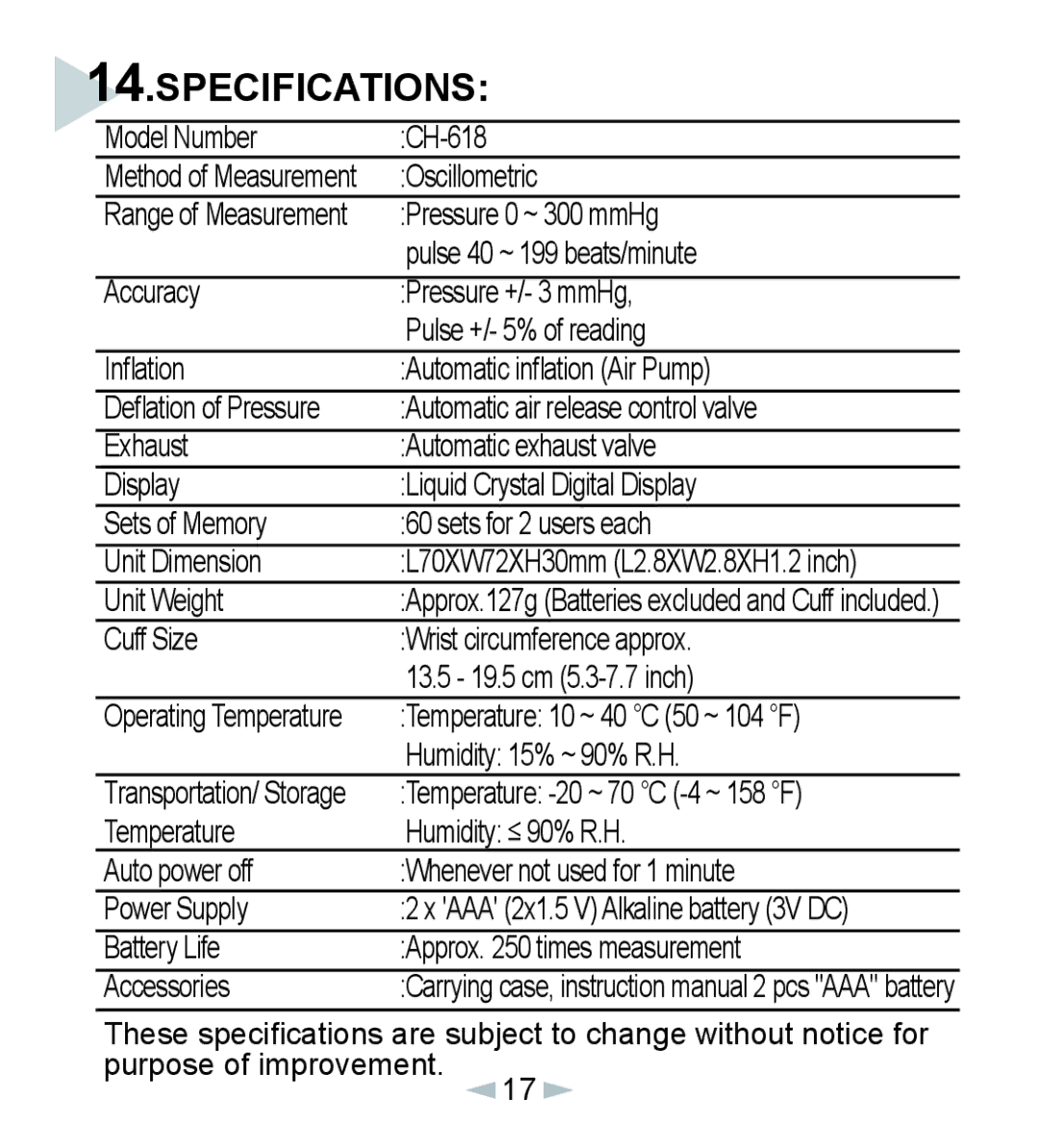 Citizen CH-618 manual Specifications 