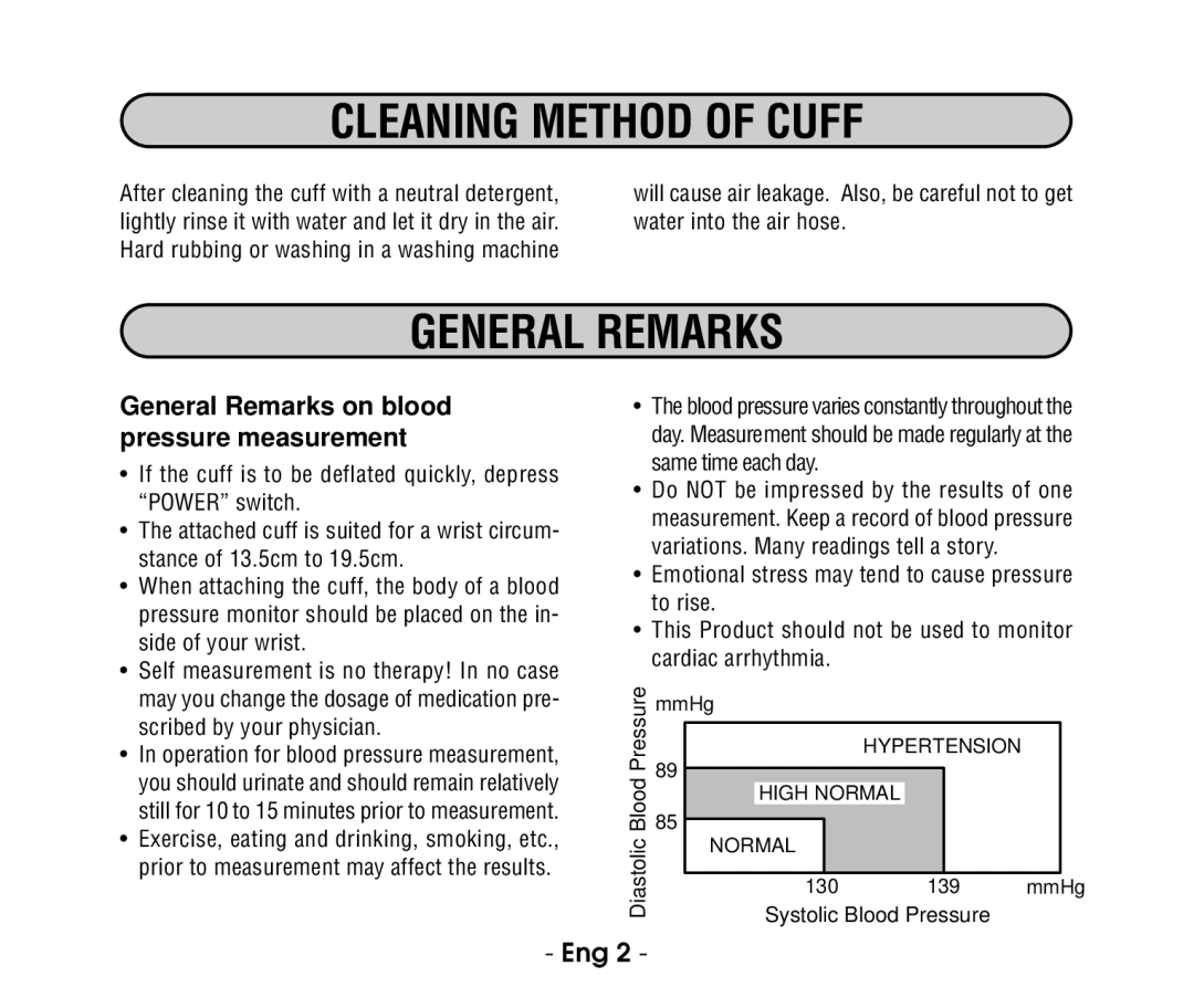 Citizen CH-656C instruction manual Cleaning Method of Cuff, General Remarks, Diastolic, Systolic Blood Pressure 