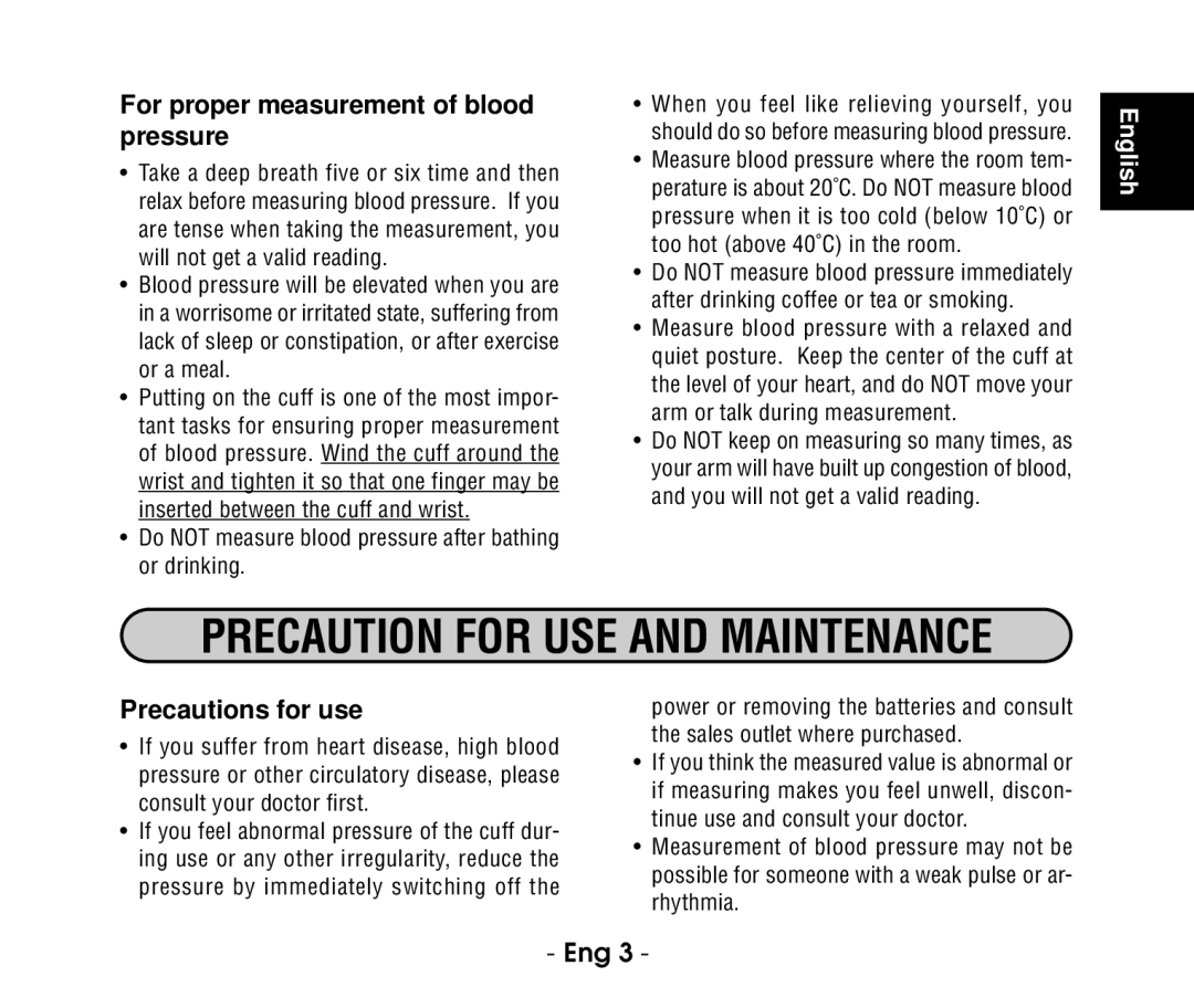 Citizen CH-656C Precaution for USE and Maintenance, For proper measurement of blood pressure, Precautions for use 