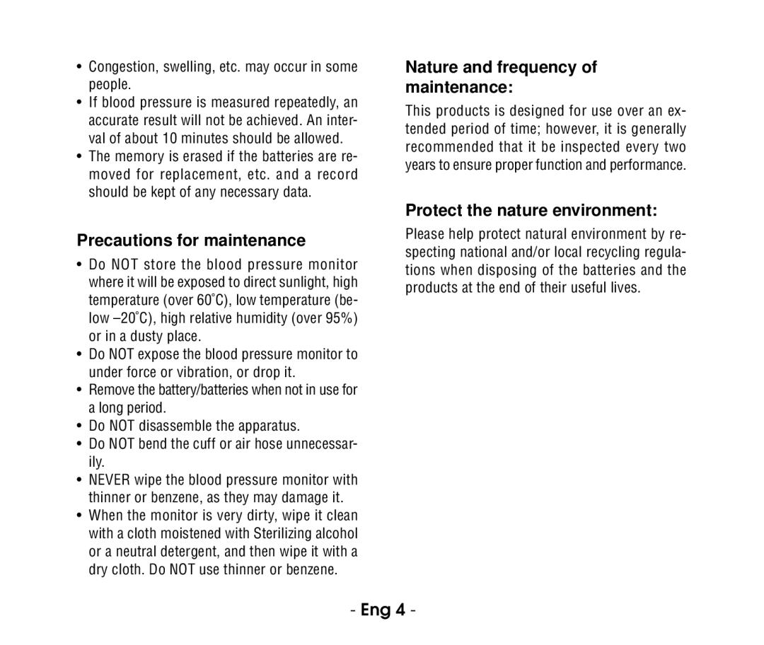 Citizen CH-656C Precautions for maintenance, Nature and frequency of maintenance, Protect the nature environment 