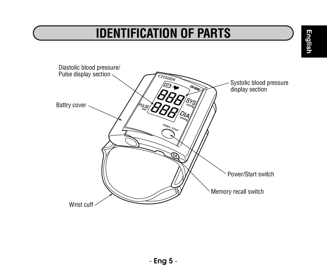 Citizen CH-656C instruction manual Identification of Parts, Diastolic blood pressure Pulse display section 