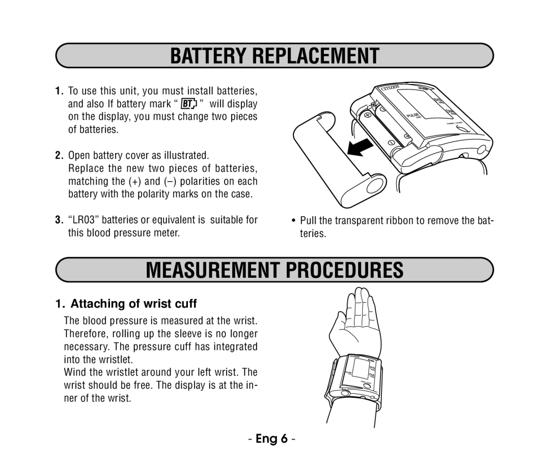 Citizen CH-656C instruction manual Battery Replacement, Measurement Procedures, Attaching of wrist cuff 