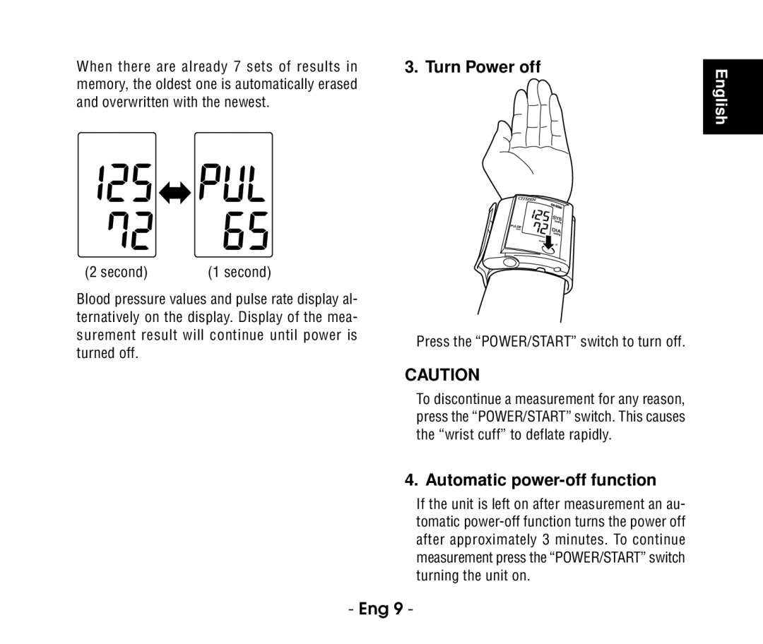 Citizen CH-656C instruction manual Automatic power-off function, When there are already 7 sets of results, Second 