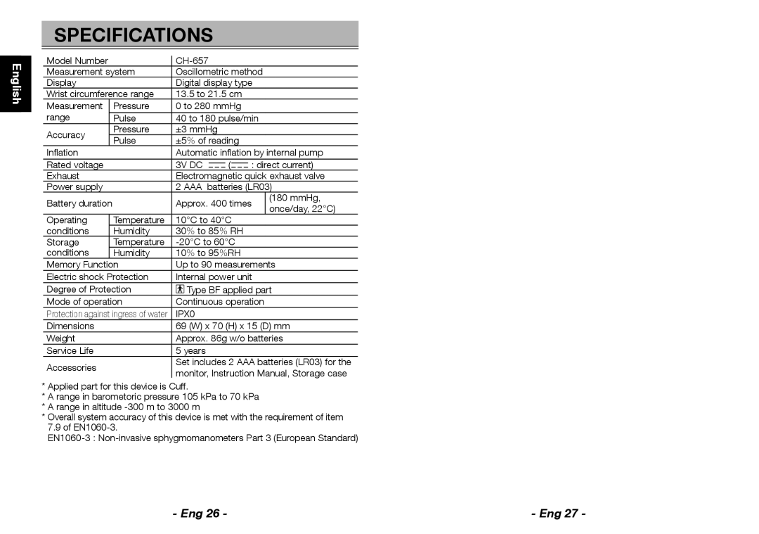 Citizen CH-657 instruction manual Specifications, Aaa, IPX0 