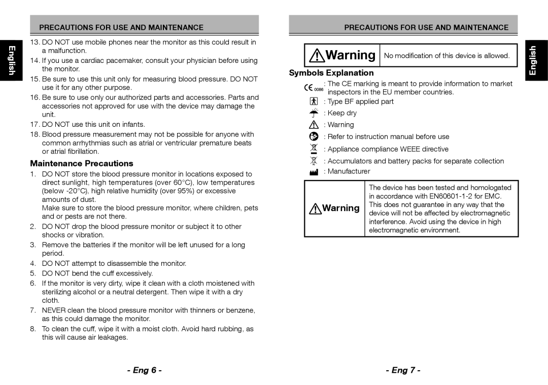 Citizen CH-657 English, Symbols Explanation, Maintenance Precautions, Español Português, Português Español 