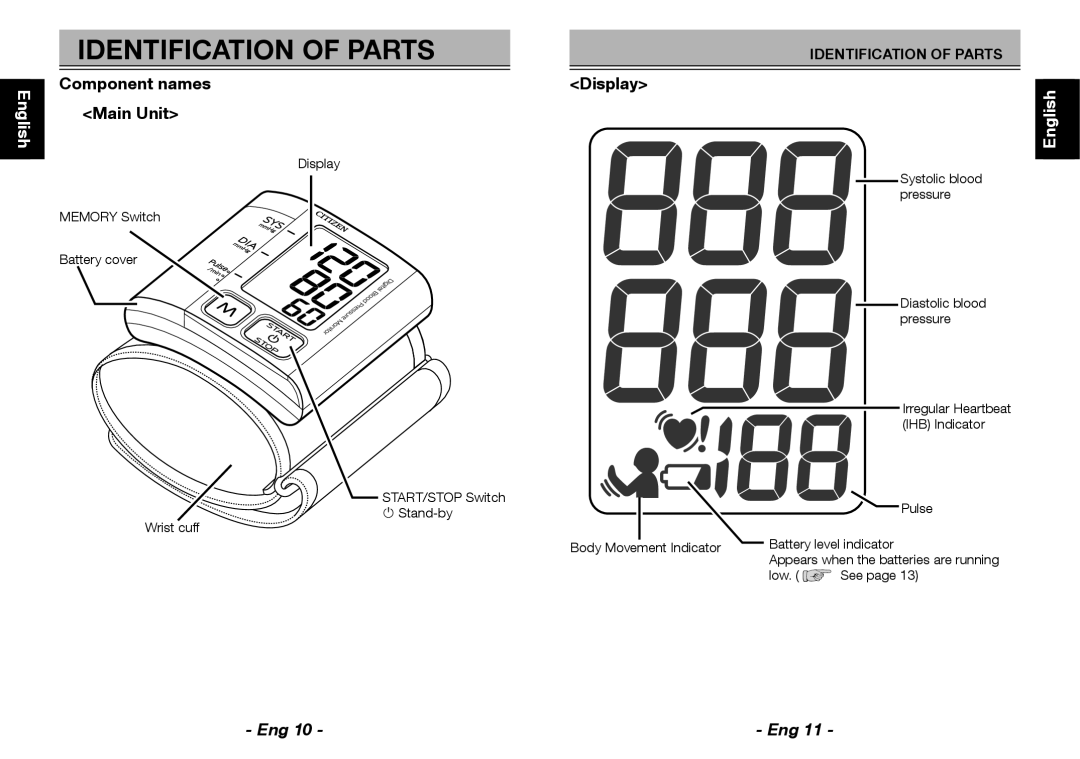 Citizen CH-657 instruction manual Identification of Parts, Component names Main Unit, Display 