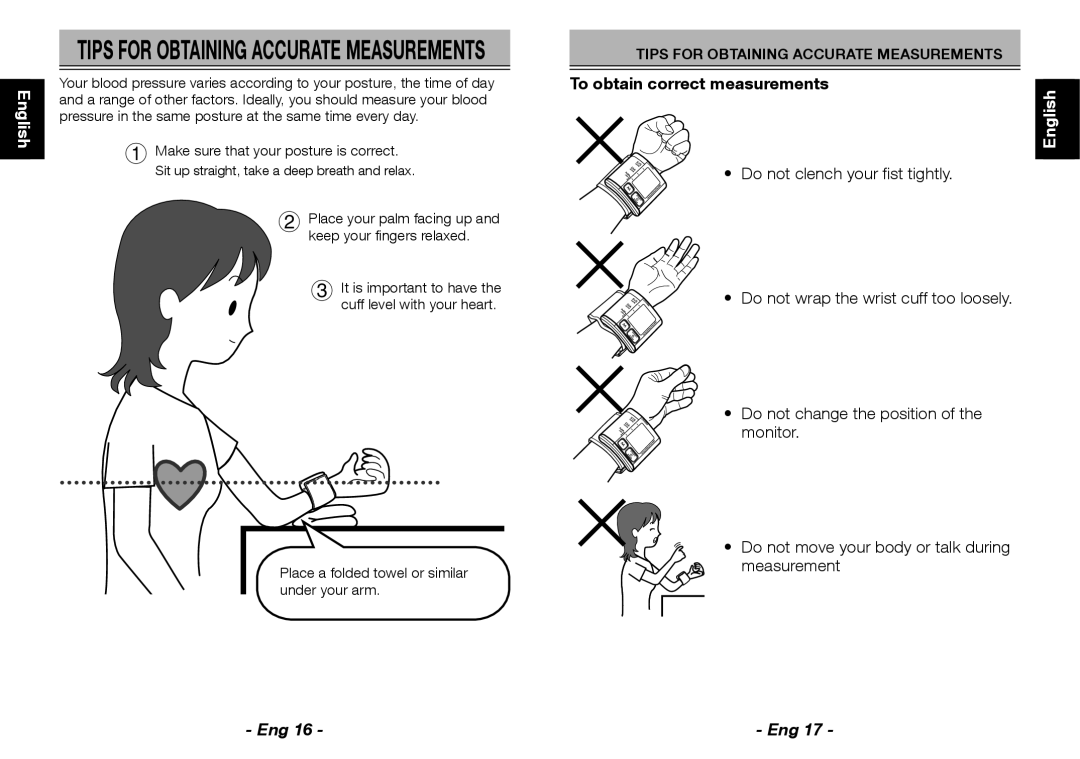 Citizen CH-657 To obtain correct measurements, Deutsch, Place your palm facing up Keep your ﬁngers relaxed 