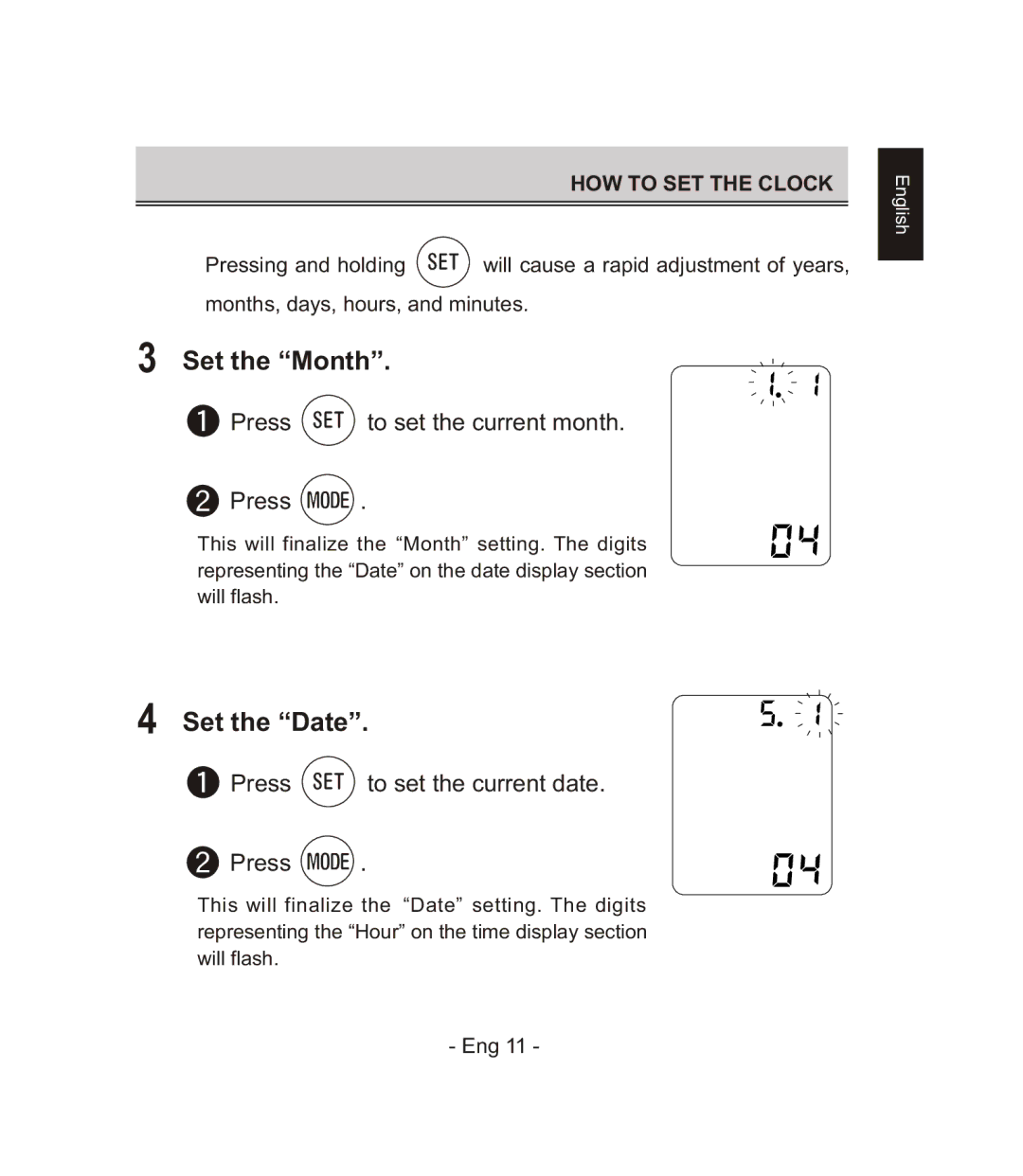 Citizen CH-671F instruction manual Set the Month, Set the Date 