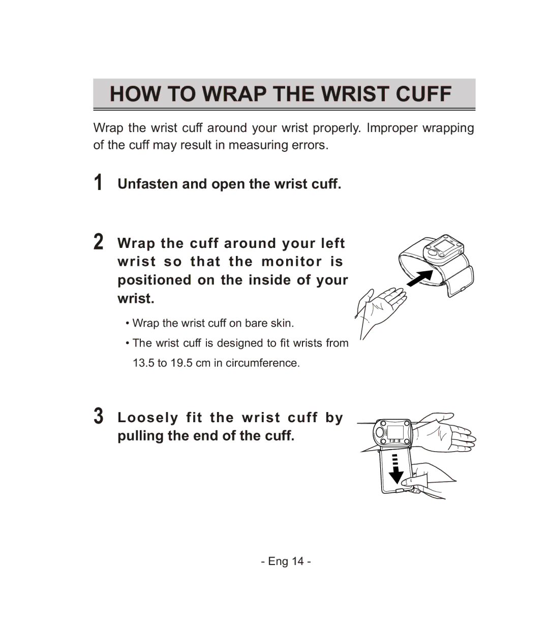 Citizen CH-671F instruction manual HOW to Wrap the Wrist Cuff, Loosely fit the wrist cuff by Pulling the end of the cuff 