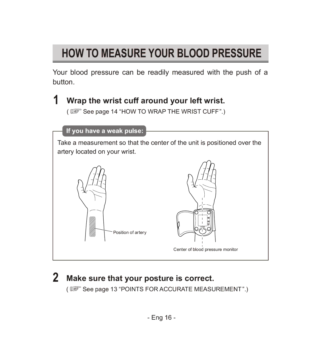 Citizen CH-671F instruction manual Wrap the wrist cuff around your left wrist, Make sure that your posture is correct 