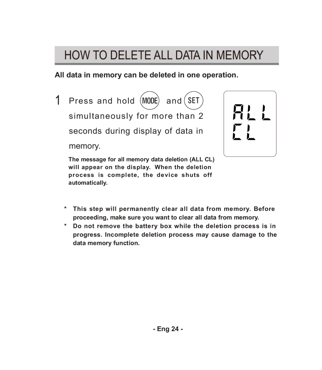 Citizen CH-671F instruction manual HOW to Delete ALL Data in Memory 