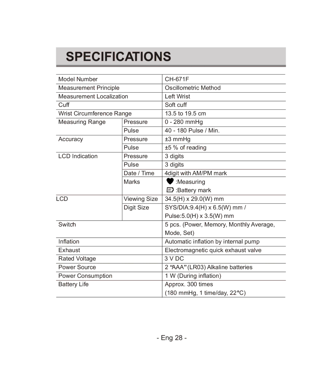 Citizen CH-671F instruction manual Specifications, Lcd 