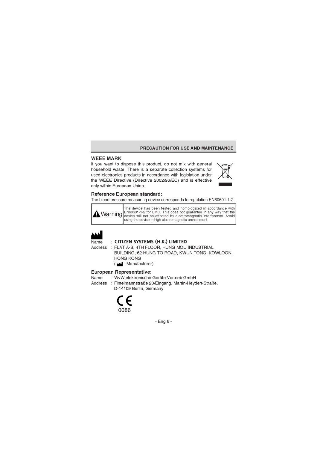 Citizen CH-671F instruction manual Weee Mark 