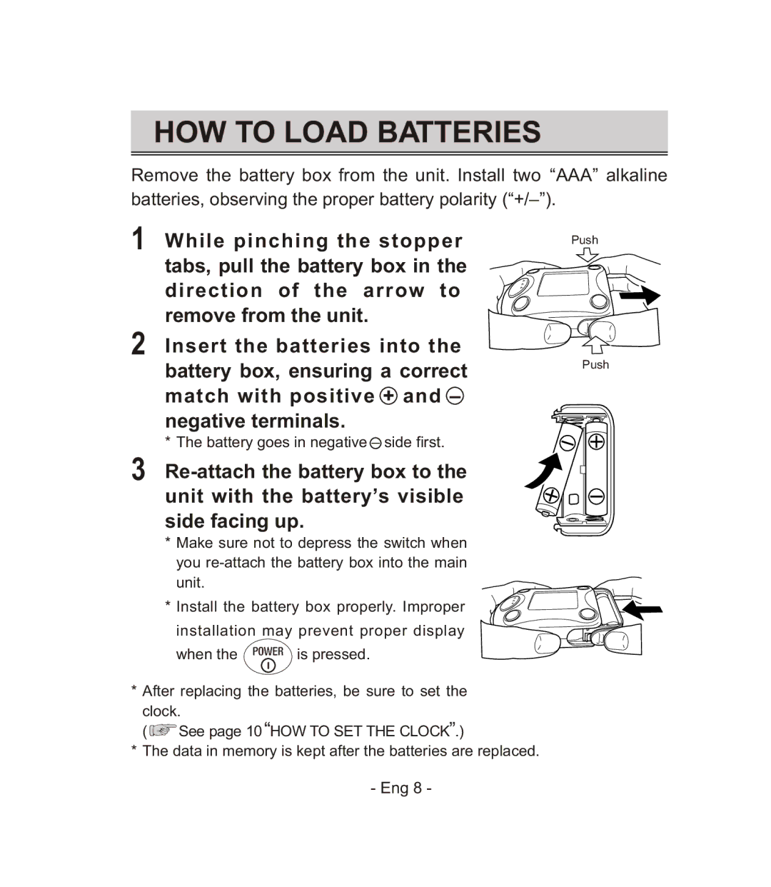 Citizen CH-671F instruction manual HOW to Load Batteries 