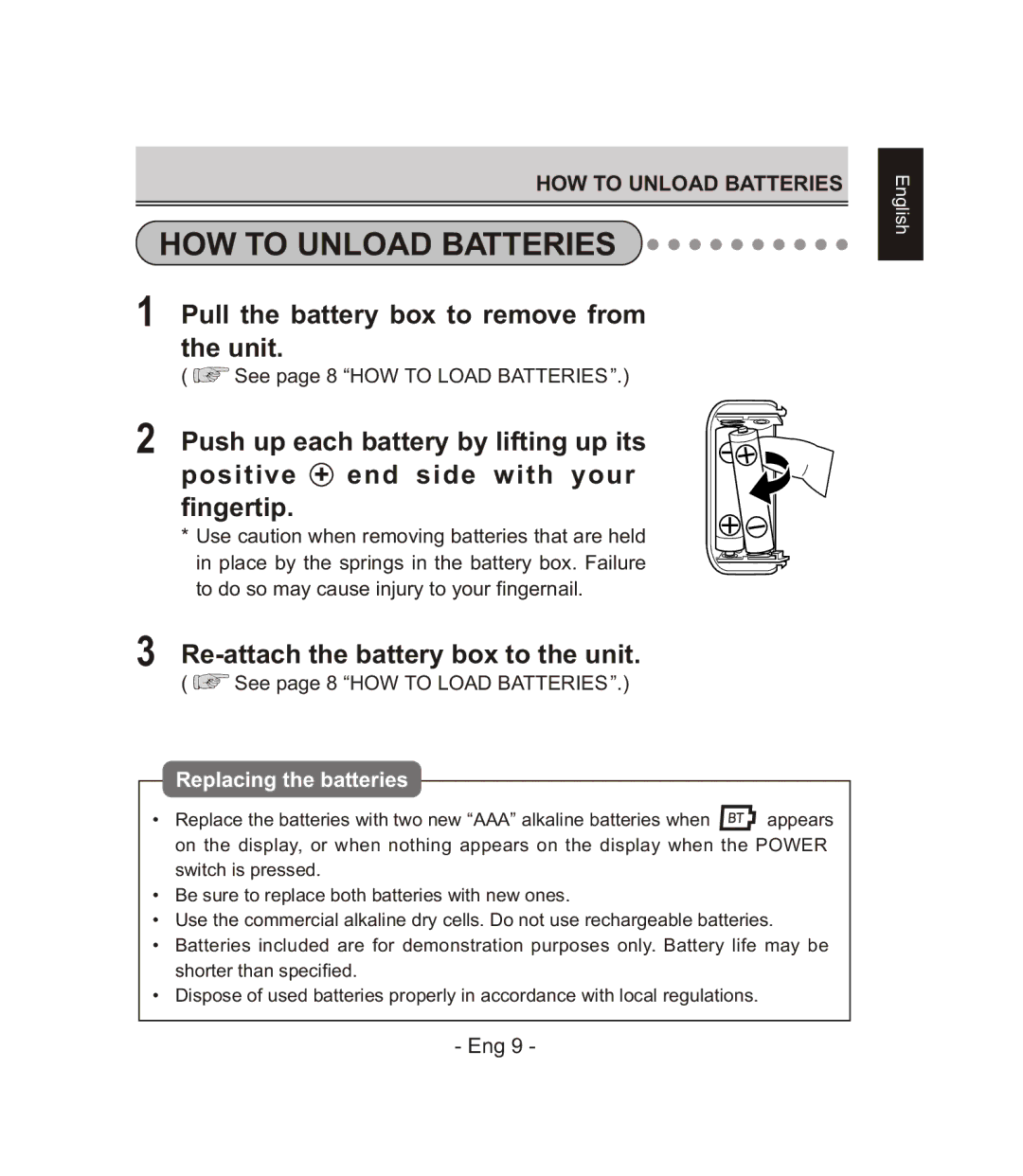 Citizen CH-671F instruction manual Pull the battery box to remove from the unit, Re-attach the battery box to the unit 