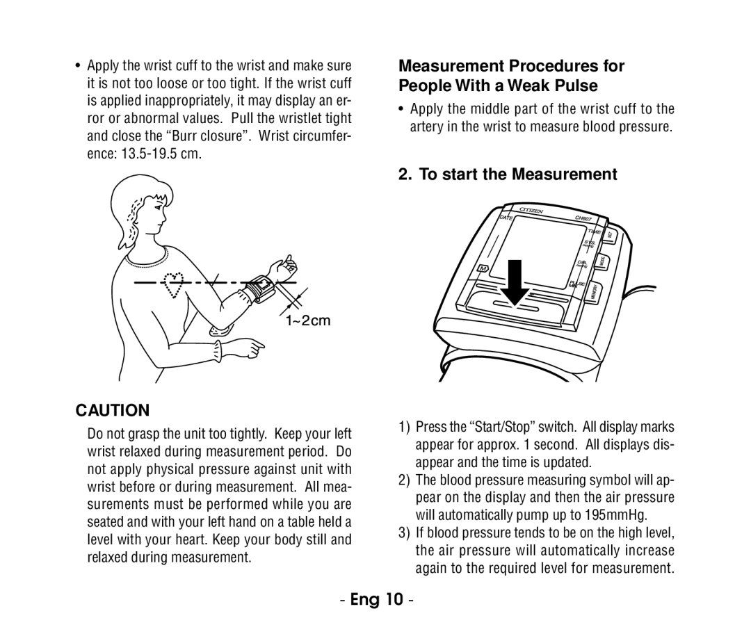 Citizen ch607 instruction manual To start the Measurement, Measurement Procedures for People With a Weak Pulse 