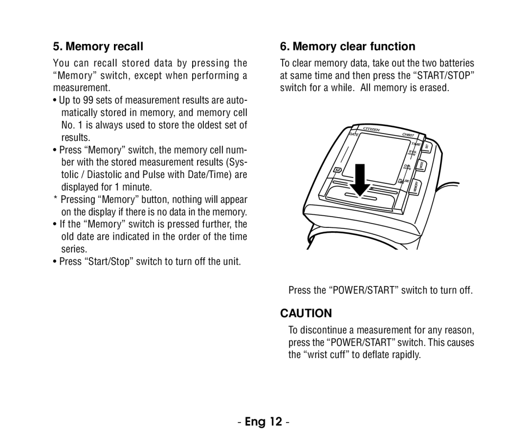 Citizen ch607 instruction manual Memory recall, Memory clear function 